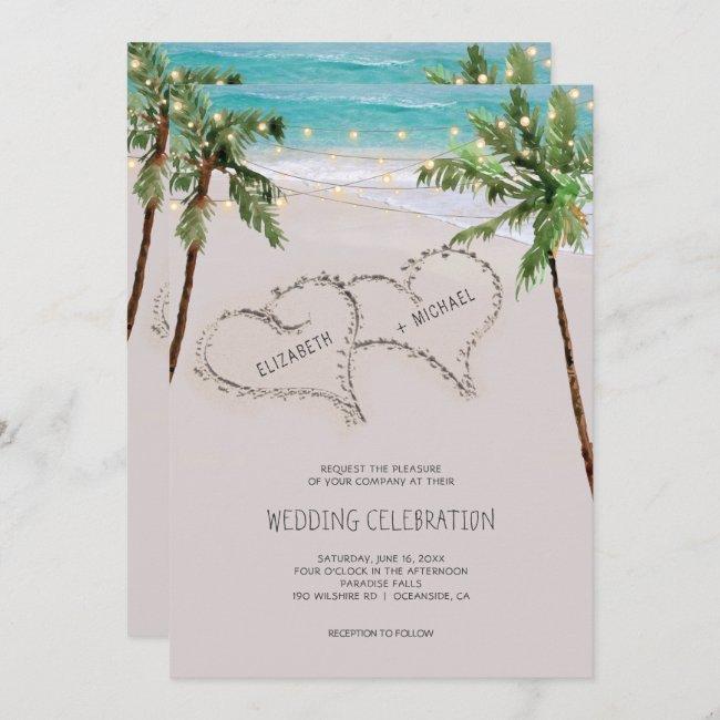 Beach Sand Hearts Tropical Palm | Modern Wedding