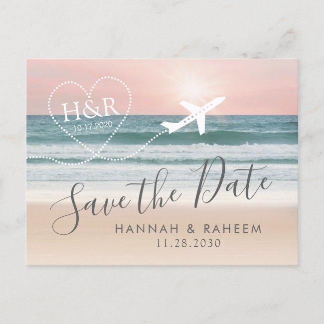 Beach Wedding Sunset Heart Airplane Save The Date Announcement Post