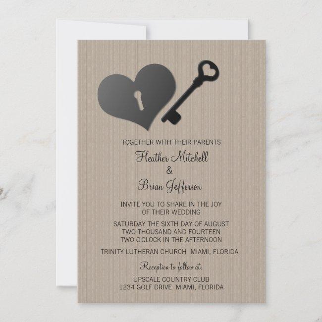 Beige Heart Lock And Key Wedding Invite