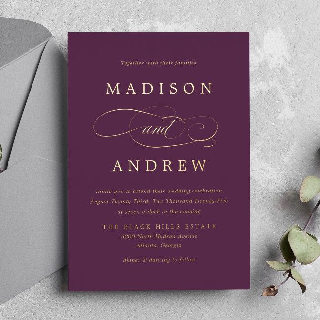 Beloved Purple And Gold Calligraphy Wedding Foil