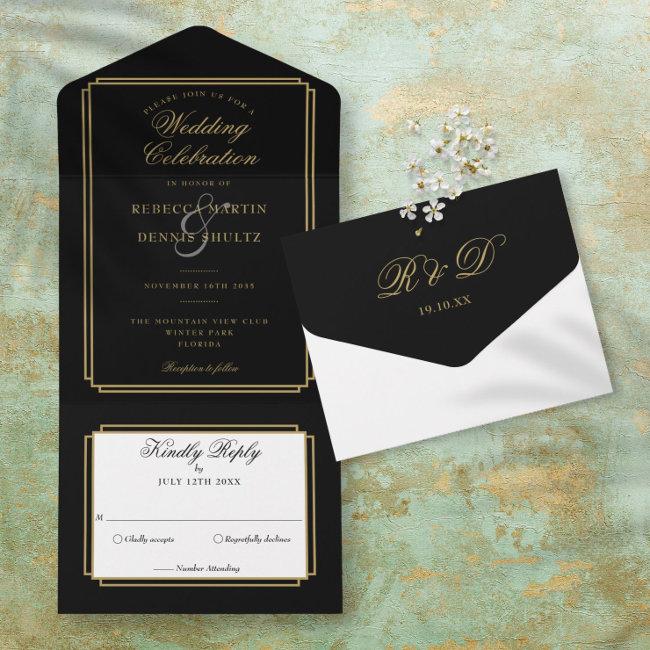 Black And Gold Classic Deco Monogram Wedding All In One