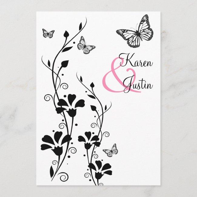 Black And White Floral With Butterflies On Linen