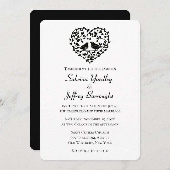 Black And White Wedding Lovebirds Floral Heart