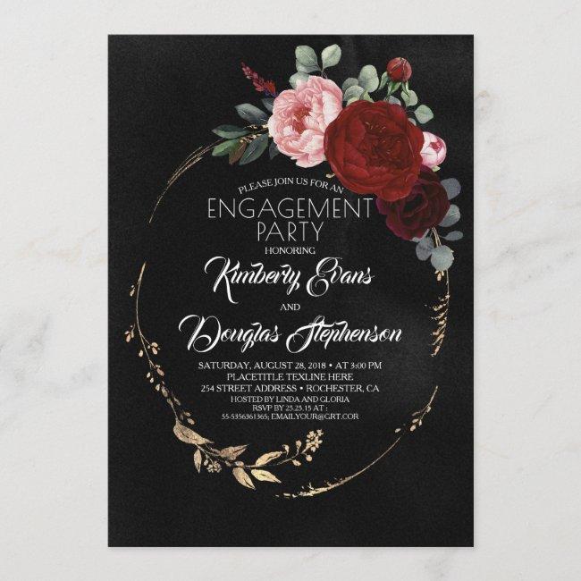 Black Burgundy Red Gold Floral Engagement Party