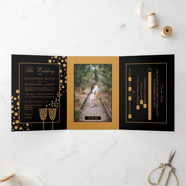 Black & Gold Champagne Bubbles, Wedding Suite Tri-fold