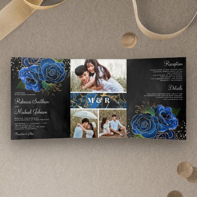 Black Gold Royal Blue Floral Photo Collage Wedding Tri-fold