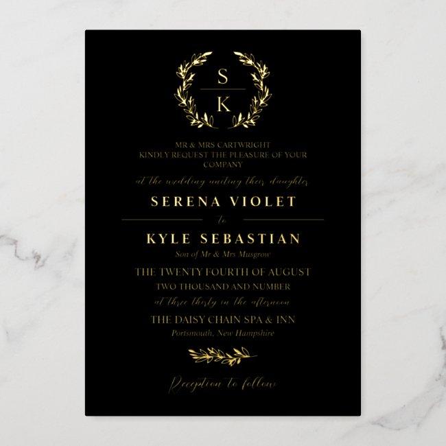 Black Gold Typography Wreath Monogram Wedding Foil