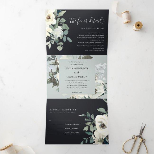Black Ivory White Floral Watercolor Bunch Wedding Tri-fold