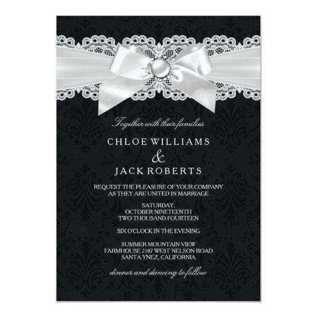 Black & White Damask & Pearl Bow Wedding Invite