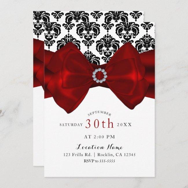 Black & White Damask Red Bow Glam Sweet 16 Party