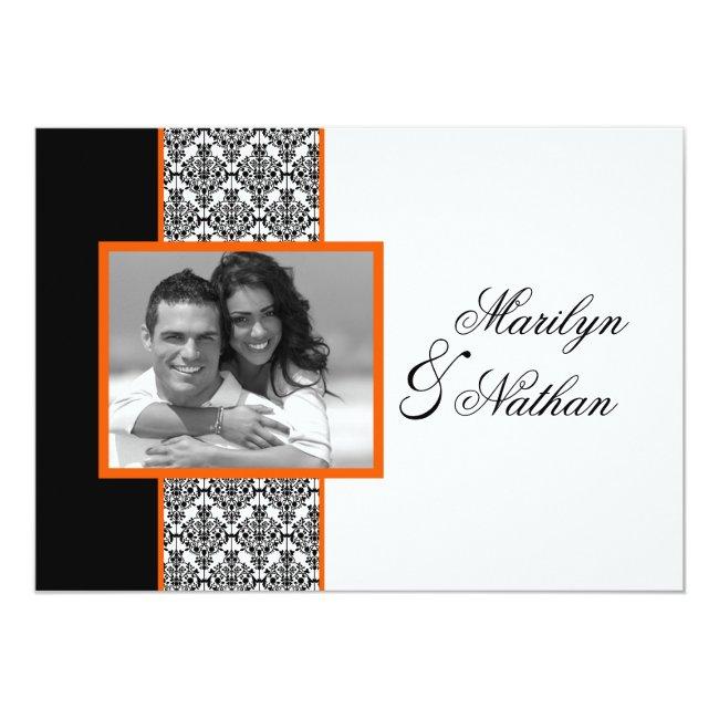 Black White Orange Damask Photo Wedding Invite