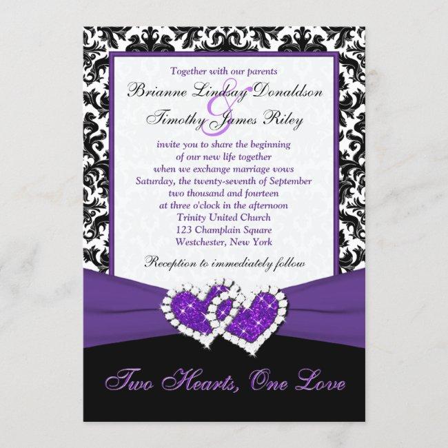 Black White Purple Damask Hearts Wedding Invite