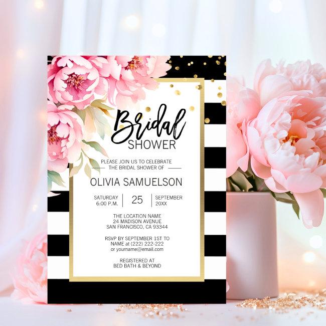 Black White Watercolor Pink Floral Baby Shower