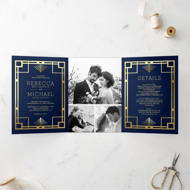 Blue And Gold Art Deco Photo Collage Wedding Tri-fold