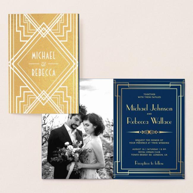 Blue And Gold Foil Art Deco Wedding