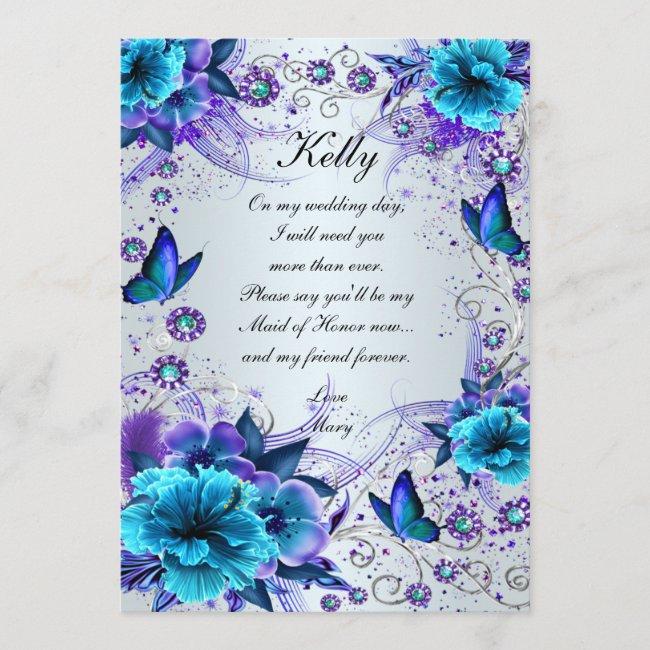 Blue Floral And Butterfly Maid Of Honor