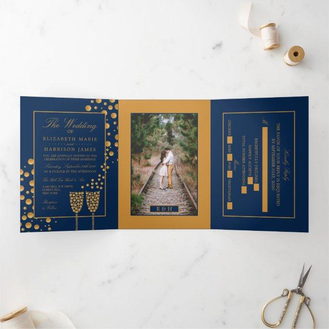 Blue & Gold Champagne Bubbles, Wedding Suite Tri-fold