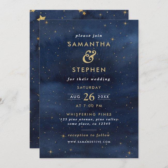 Blue & Gold Watercolor Starry Night Sky Wedding