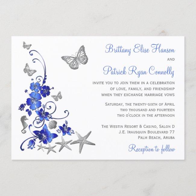 Blue, Gray, White Tropical Beach Wedding Invite