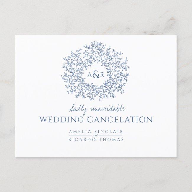Blue Hand Drawn Leaf Monogram Wedding Cancelation Announcement Post