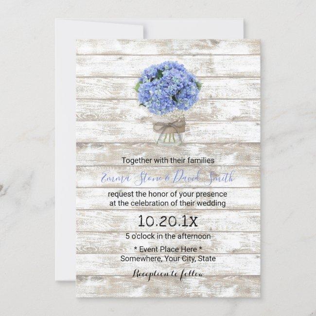 Blue Hydrangea Floral Jar Rustic Wood Wedding