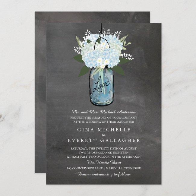 Blue Hydrangea Mason Jar Chalkboard | Wedding