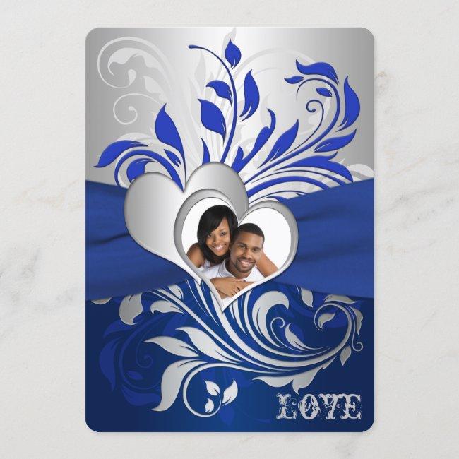 Blue, Silver Scrolls, Hearts Photo Wedding Invite