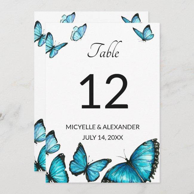 Blue Watercolor Butterflies Wedding Table Number