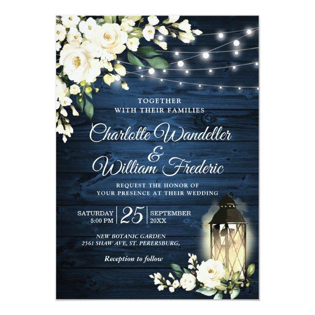 Blue Wood & White Roses Lantern Watercolor Wedding