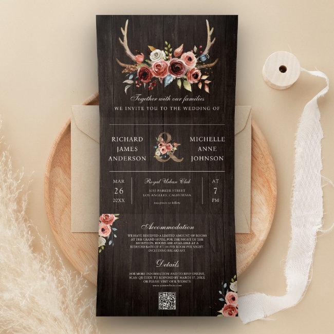 Boho Antler Terracotta Floral Qr Code Wood Wedding Tri-fold
