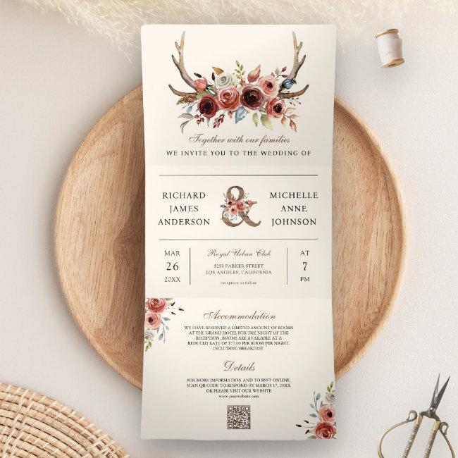 Boho Antlers Terracotta Floral Qr Code Wedding Tri-fold