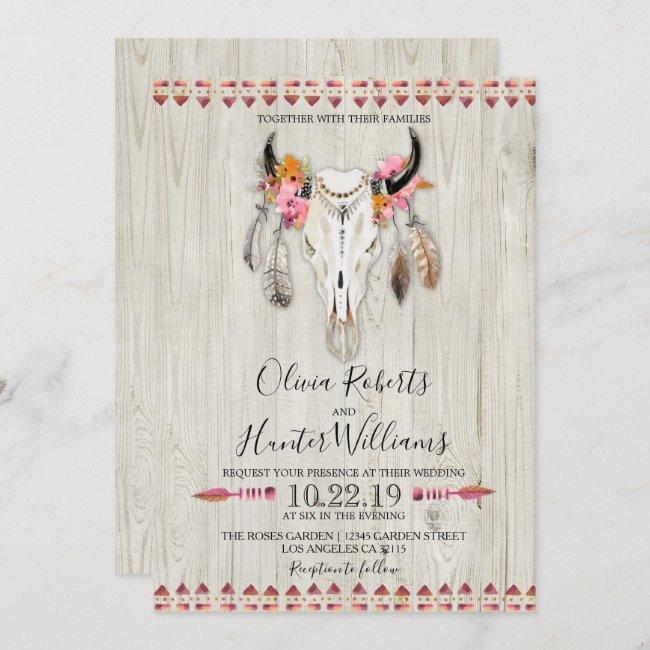 Boho Floral Feather Antlers Cow Skull Wood Wedding