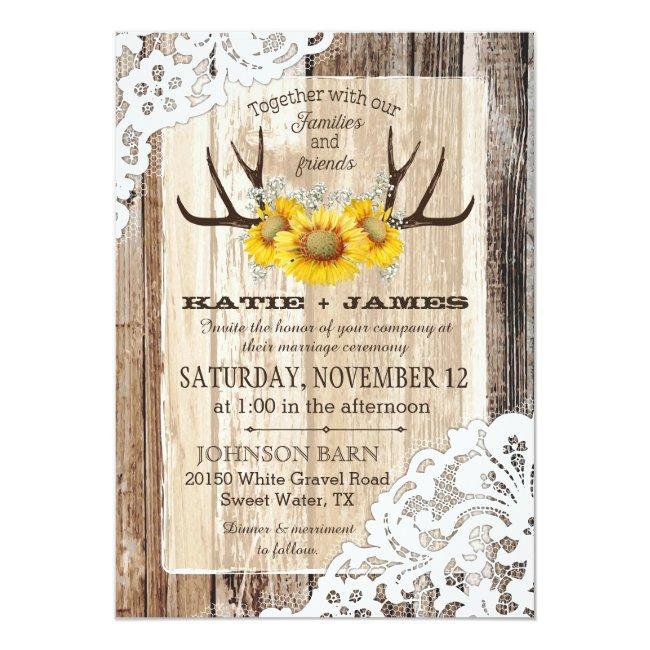 Boho Wood Sunflower Antlers Lace Rustic Wedding