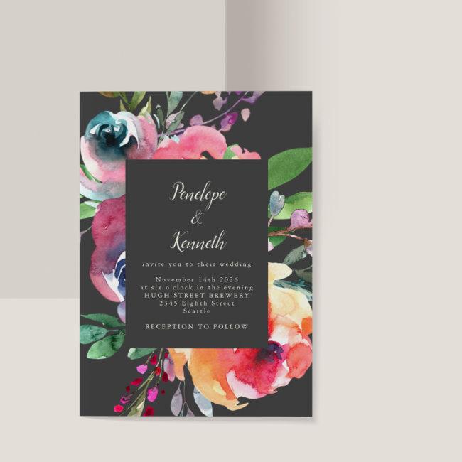 Bold Gray Watercolor Floral Elegant Script Wedding
