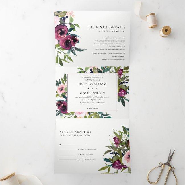 Bright Blush Burgundy Green Floral Bunch Wedding Tri-fold