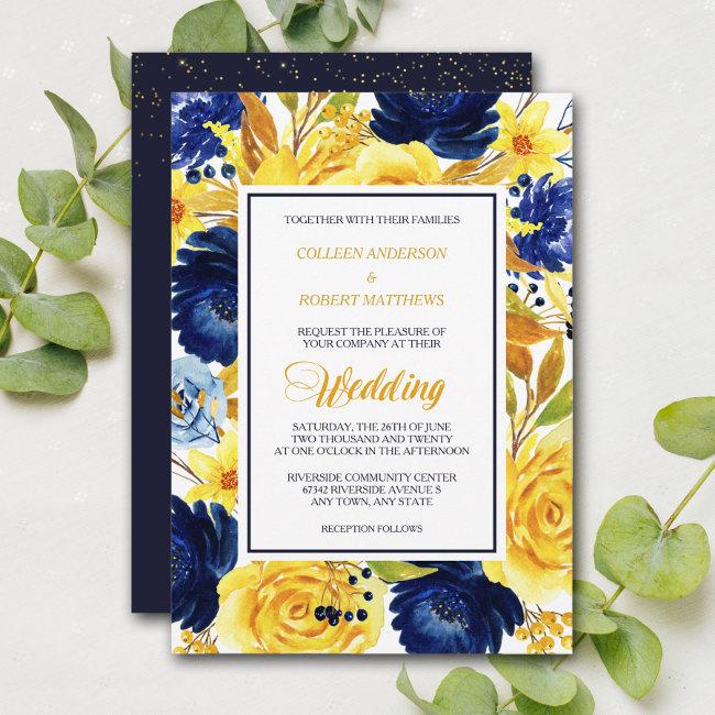 Bright Gold Navy Blue Floral Modern Wedding Invite