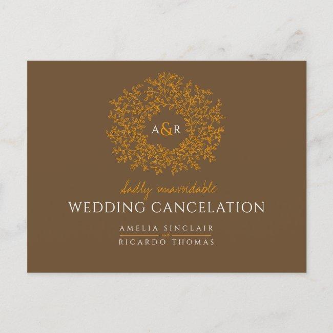 Brown Hand Drawn Leaf Monogram Wedding Cancelation Announcement Post