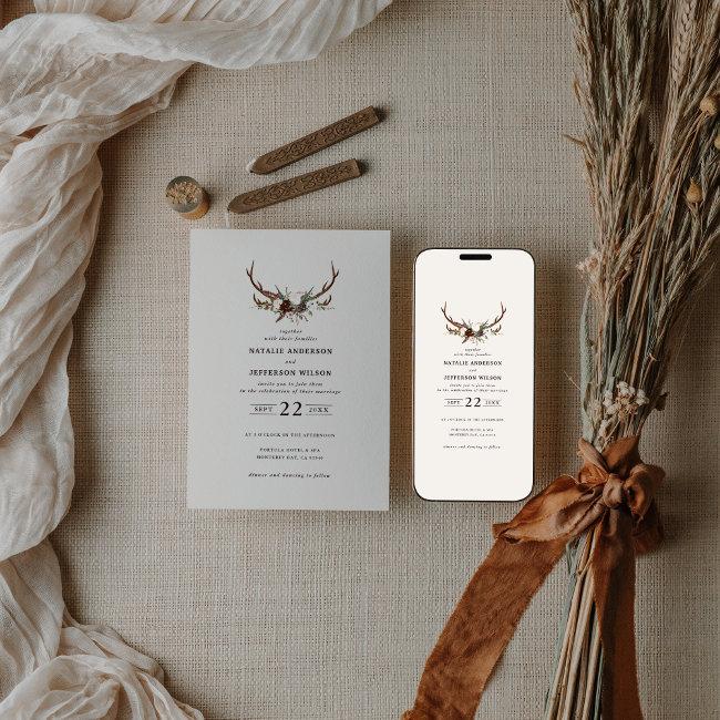 Budget Rustic Floral Stag Antlers Wedding Invite