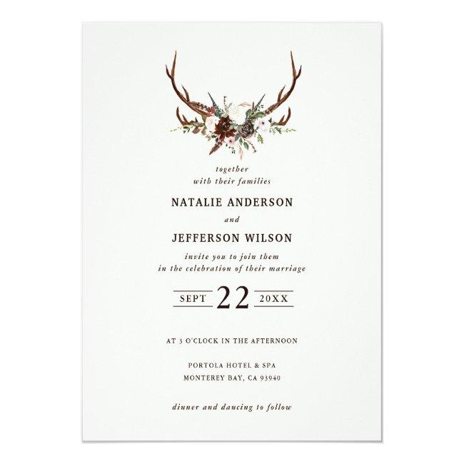 Budget Rustic Floral Stag Antlers Wedding Invite