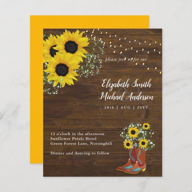 Budget Rustic Sunflower Cowboy Boot Wedding Invite