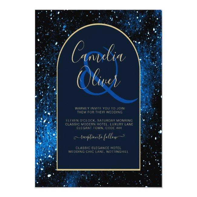 Budget Starry Night Navy Blue Gold Wedding Invite