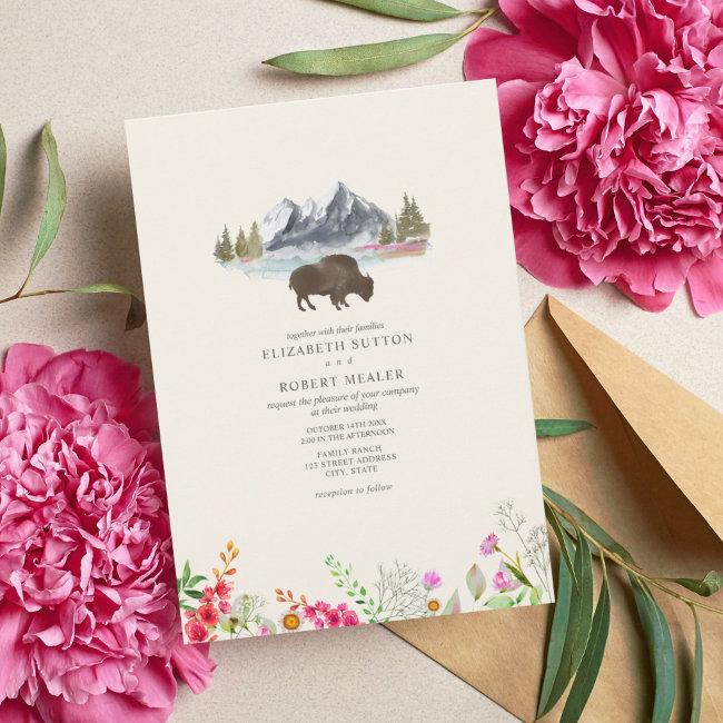 Buffalo Bison Watercolor Mountains Floral Wedding
