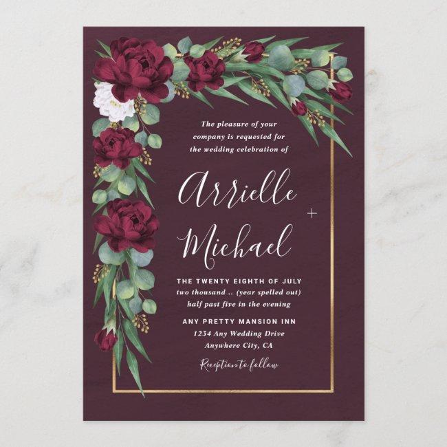 Burgundy And Gold Floral Watercolor Fall Wedding