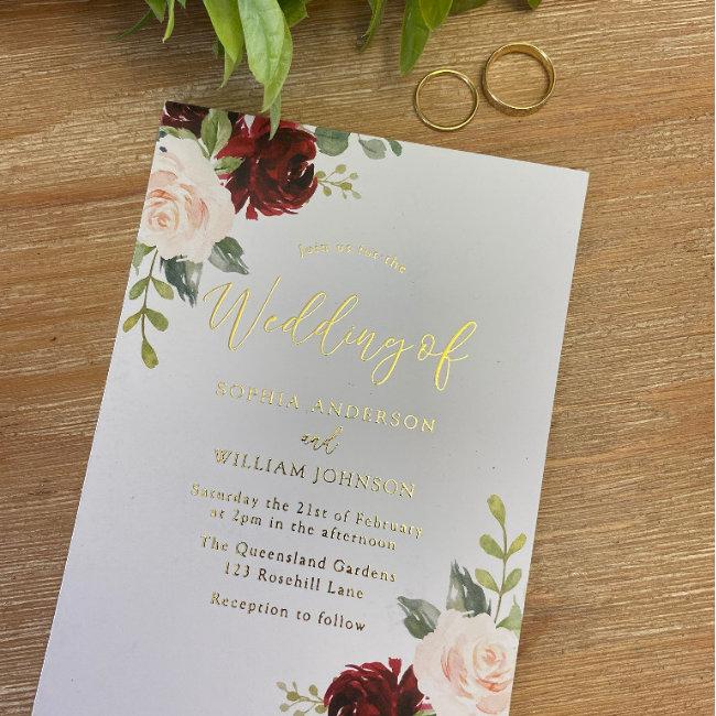 Burgundy & Blush Floral Gold Foil Text Wedding Foil