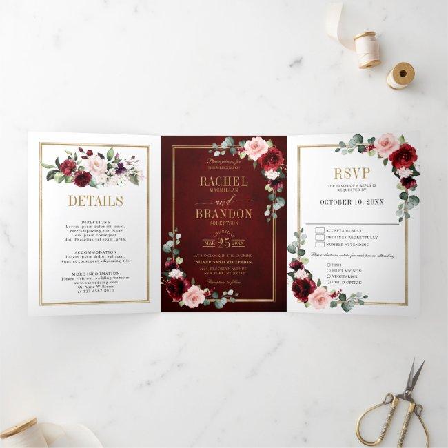 Burgundy Blush Floral Modern Geometric Wedding Tri Tri-fold Announcement