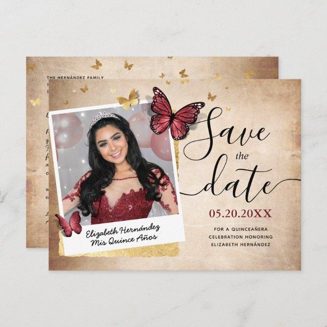 Burgundy Gold Butterfly Quince Photo Save The Date Announcement Post