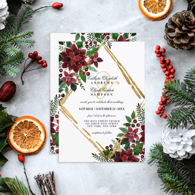 Burgundy Gold Poinsettia Floral Watercolor Wedding