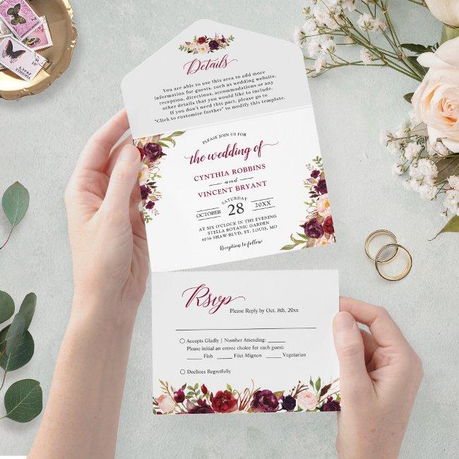 Burgundy Marsala Floral Wedding Details Rsvp All In One