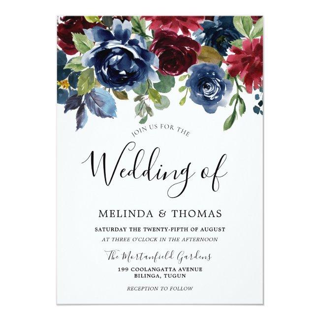 Burgundy & Navy Watercolor Flowers Fall Wedding