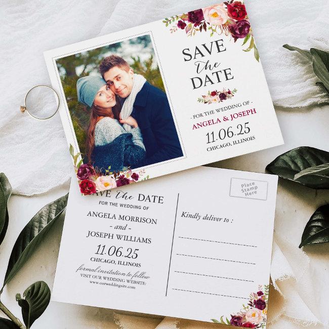 Burgundy Red Floral Chic Save The Date Photo Post